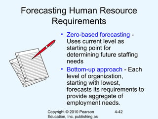 Copyright © 2010 Pearson
Education, Inc. publishing as
4-42
Forecasting Human Resource
Requirements
• Zero-based forecasting -
Uses current level as
starting point for
determining future staffing
needs
• Bottom-up approach - Each
level of organization,
starting with lowest,
forecasts its requirements to
provide aggregate of
employment needs.
 