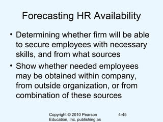 Copyright © 2010 Pearson
Education, Inc. publishing as
4-45
Forecasting HR Availability
• Determining whether firm will be able
to secure employees with necessary
skills, and from what sources
• Show whether needed employees
may be obtained within company,
from outside organization, or from
combination of these sources
 