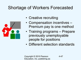 Copyright © 2010 Pearson
Education, Inc. publishing as
4-47
Shortage of Workers Forecasted
• Creative recruiting
• Compensation incentives –
Premium pay is one method
• Training programs – Prepare
previously unemployable
people for positions
• Different selection standards
 