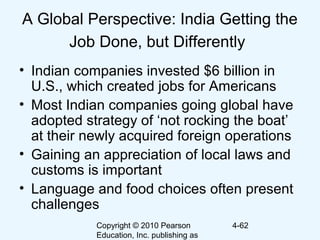 Copyright © 2010 Pearson
Education, Inc. publishing as
4-62
A Global Perspective: India Getting the
Job Done, but Differently
• Indian companies invested $6 billion in
U.S., which created jobs for Americans
• Most Indian companies going global have
adopted strategy of ‘not rocking the boat’
at their newly acquired foreign operations
• Gaining an appreciation of local laws and
customs is important
• Language and food choices often present
challenges
 