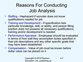 Copyright © 2010 Pearson
Education, Inc. publishing as
4-7
Reasons For Conducting
Job Analysis
• Staffing - Haphazard if recruiter does not know
qualifications needed for job
• Training and Development - If specification lists
particular knowledge, skill, or ability, and person filling
position does not possess all necessary qualifications,
training and/or development is needed
• Performance Appraisal - Employees should be evaluated
in terms of how well they accomplish duties specified in
their job descriptions and any other specific goals that
may have been established
• Compensation - Value of job must be known before
dollar value can be placed on it
 
