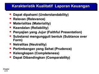 Chapter
2-11
 Dapat dipahami (Understandability)Dapat dipahami (Understandability)
 Relevan (Relevance)Relevan (Relevance)
 Materialitas (Materiality)Materialitas (Materiality)
 Keandalan (Reliability)Keandalan (Reliability)
 Penyajian yang Jujur (Faithful Presentation)Penyajian yang Jujur (Faithful Presentation)
 Substansi mengungguli bentuk (Subtance overSubstansi mengungguli bentuk (Subtance over
Form)Form)
 Netralitas (Neutrality)Netralitas (Neutrality)
 Pertimbangan yang Sehat (Prudence)Pertimbangan yang Sehat (Prudence)
 Kelengkapan (Completeness)Kelengkapan (Completeness)
 Dapat Dibandingkan (Comparability)Dapat Dibandingkan (Comparability)
Karakteristik Kualitatif Laporan KeuanganKarakteristik Kualitatif Laporan KeuanganKarakteristik Kualitatif Laporan KeuanganKarakteristik Kualitatif Laporan Keuangan
 