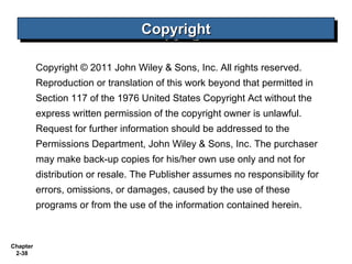 Chapter
2-38
Copyright © 2011 John Wiley & Sons, Inc. All rights reserved.
Reproduction or translation of this work beyond that permitted in
Section 117 of the 1976 United States Copyright Act without the
express written permission of the copyright owner is unlawful.
Request for further information should be addressed to the
Permissions Department, John Wiley & Sons, Inc. The purchaser
may make back-up copies for his/her own use only and not for
distribution or resale. The Publisher assumes no responsibility for
errors, omissions, or damages, caused by the use of these
programs or from the use of the information contained herein.
CopyrightCopyrightCopyrightCopyright
 