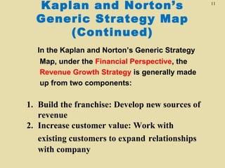 Kaplan and Norton’s
Generic Strategy Map
(Continued)
In the Kaplan and Norton’s Generic Strategy
Map, under the Financial Perspective, the
Revenue Growth Strategy is generally made
up from two components:

1. Build the franchise: Develop new sources of
revenue
2. Increase customer value: Work with
existing customers to expand relationships
with company

11

 