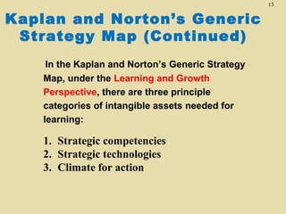 13

Kaplan and Norton’s Generic
Strategy Map (Continued)
In the Kaplan and Norton’s Generic Strategy
Map, under the Learning and Growth
Perspective, there are three principle
categories of intangible assets needed for
learning:

1. Strategic competencies
2. Strategic technologies
3. Climate for action

 
