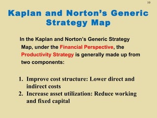10



Kaplan and Norton’s Generic
       Strategy Map
  In the Kaplan and Norton’s Generic Strategy
  Map, under the Financial Perspective, the
  Productivity Strategy is generally made up from
  two components:


  1. Improve cost structure: Lower direct and
     indirect costs
  2. Increase asset utilization: Reduce working
     and fixed capital
 