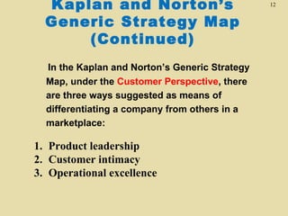Kaplan and Norton’s                           12


  Generic Strategy Map
      (Continued)
  In the Kaplan and Norton’s Generic Strategy
  Map, under the Customer Perspective, there
  are three ways suggested as means of
  differentiating a company from others in a
  marketplace:

1. Product leadership
2. Customer intimacy
3. Operational excellence
 