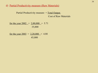 34

d) Partial Productivity measure (Raw Materials)

         Partial Productivity measure = Total Output
                                        Cost of Raw Materials

   for the year 2002 = 2,00,000 = 5.71
                        35,000

   for the year 2003 = 2,20,000 = 4.88
                        45,000
 