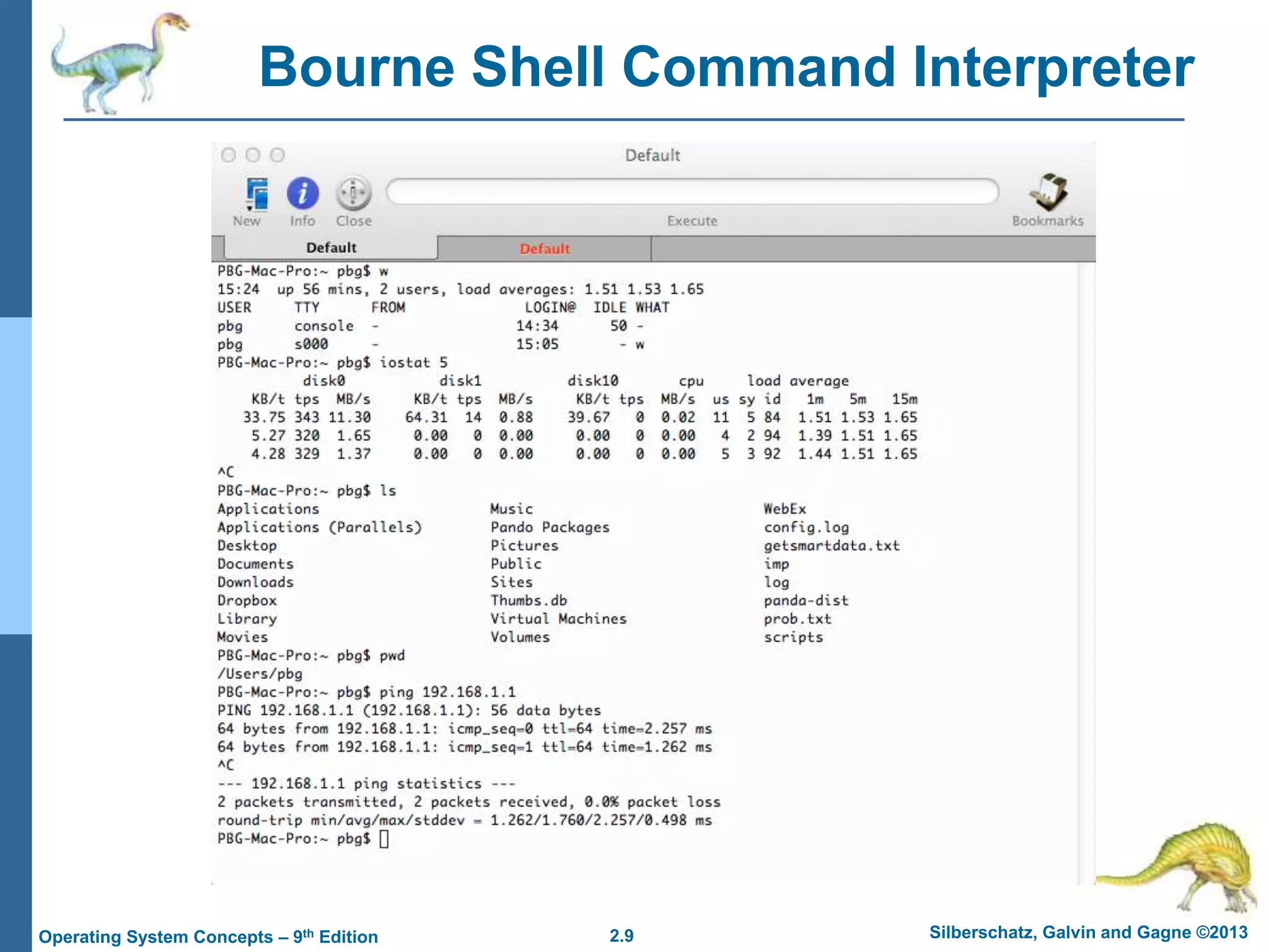 2.9 Silberschatz, Galvin and Gagne ©2013
Operating System Concepts – 9th Edition
Bourne Shell Command Interpreter
 