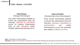 Cyberattaque
(Attaque informatique)
Une action informatique (réalisée au
travers des cyberespaces et/ou par
Internet), vol...