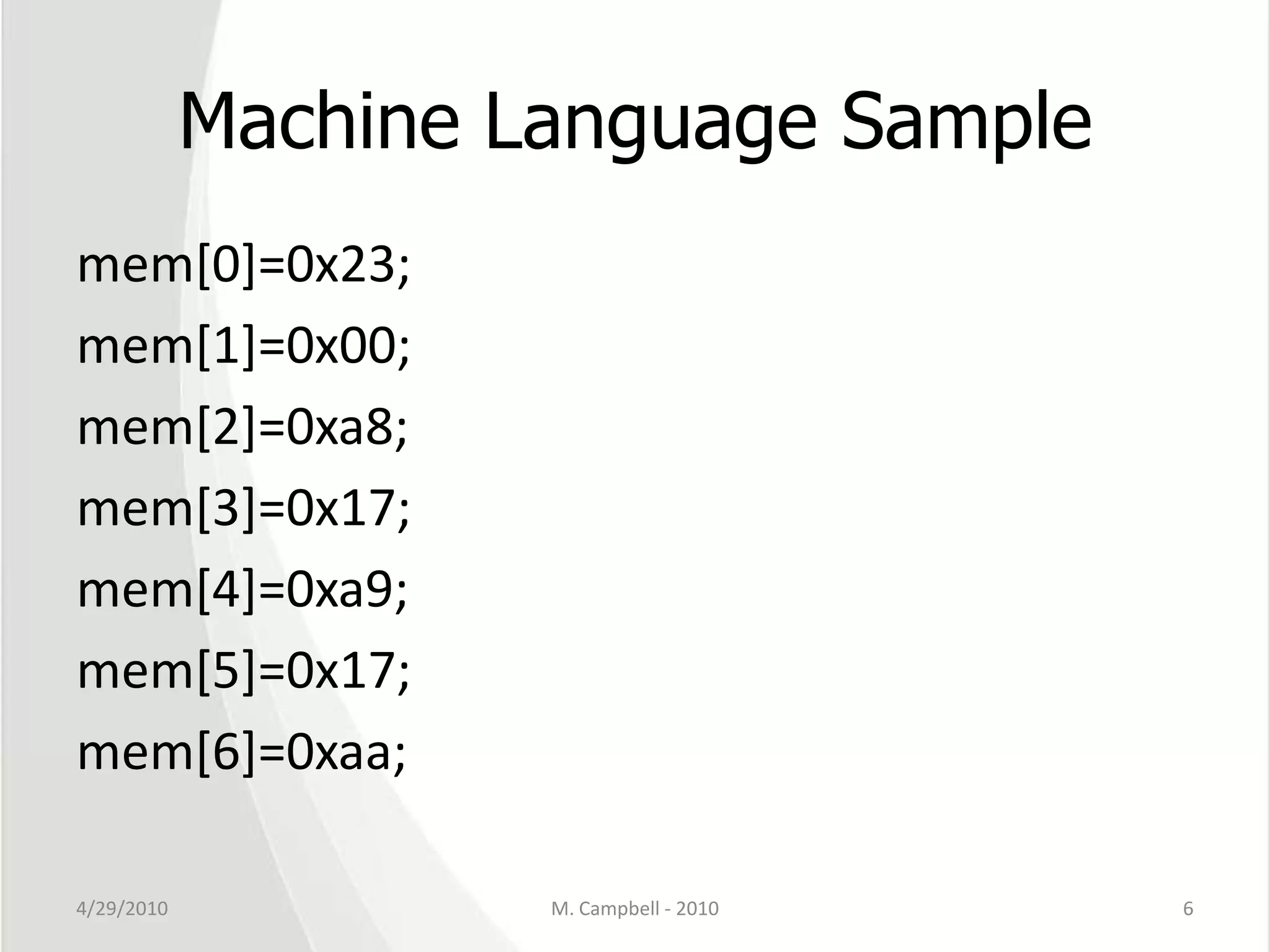 Machine Language Samplemem[0]=0x23;mem[1]=0x00;mem[2]=0xa8; mem[3]=0x17; mem[4]=0xa9; mem[5]=0x17; mem[6]=0xaa; 4/29/2010M. Campbell - 20106