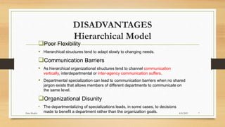 DISADVANTAGES
Hierarchical Model
Poor Flexibility
 Hierarchical structures tend to adapt slowly to changing needs.
Communication Barriers
 As hierarchical organizational structures tend to channel communication
vertically, interdepartmental or inter-agency communication suffers.
 Departmental specialization can lead to communication barriers when no shared
jargon exists that allows members of different departments to communicate on
the same level.
Organizational Disunity
• The departmentalizing of specializations leads, in some cases, to decisions
made to benefit a department rather than the organization goals. 8/8/2021
Data Models 7
 