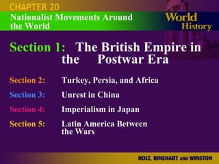 CHAPTER 20 Section 1: The British Empire in  the Postwar Era Section 2: Turkey, Persia, and Africa Section 3: Unrest in China Section 4:   Imperialism in Japan Section 5:   Latin America Between  the Wars Nationalist Movements Around  the World 