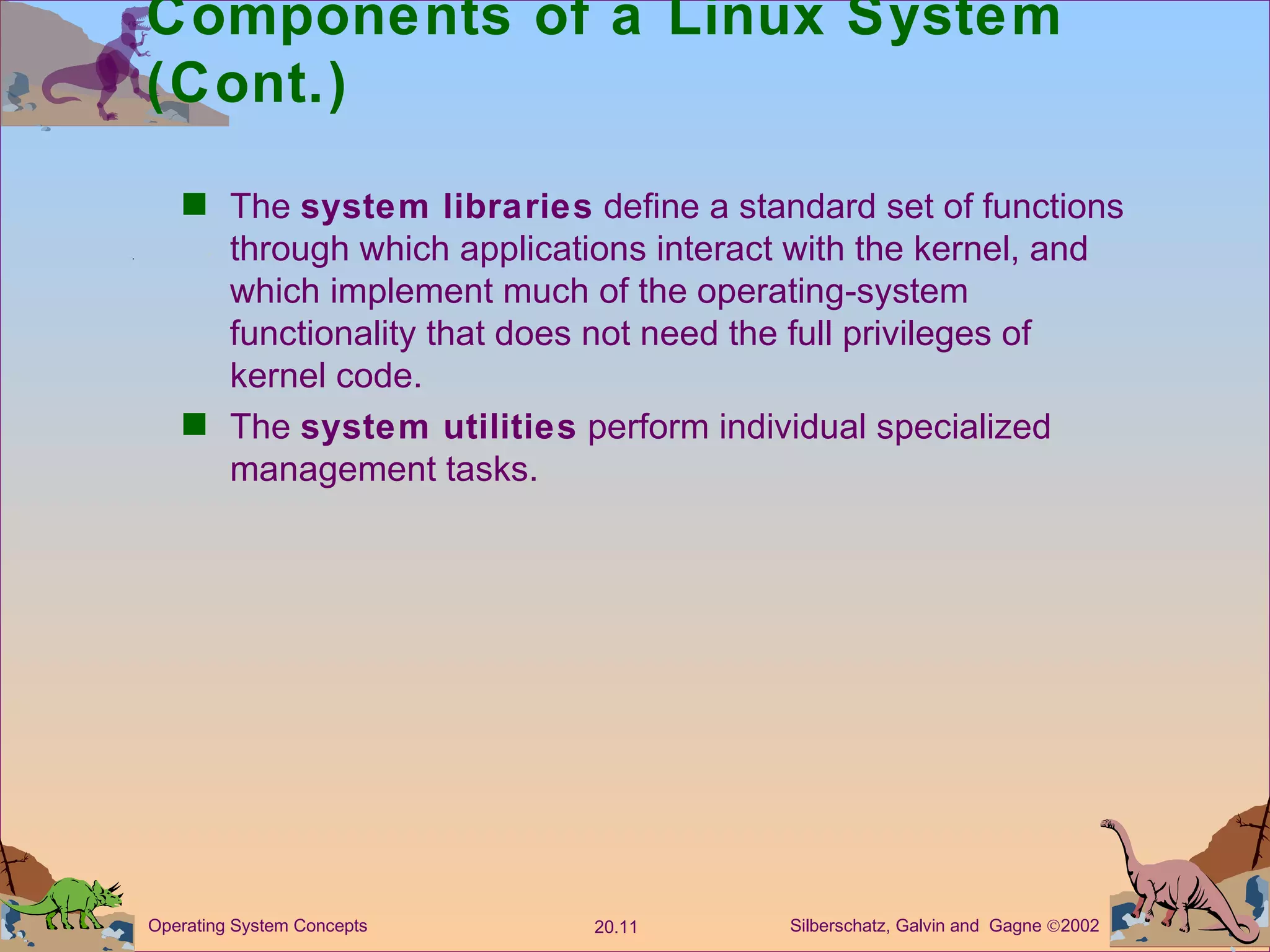 Components of a Linux System (Cont.) The  system libraries  define a standard set of functions through which applications interact with the kernel, and which implement much of the operating-system functionality that does not need the full privileges of kernel code. The  system utilities  perform individual specialized management tasks. 