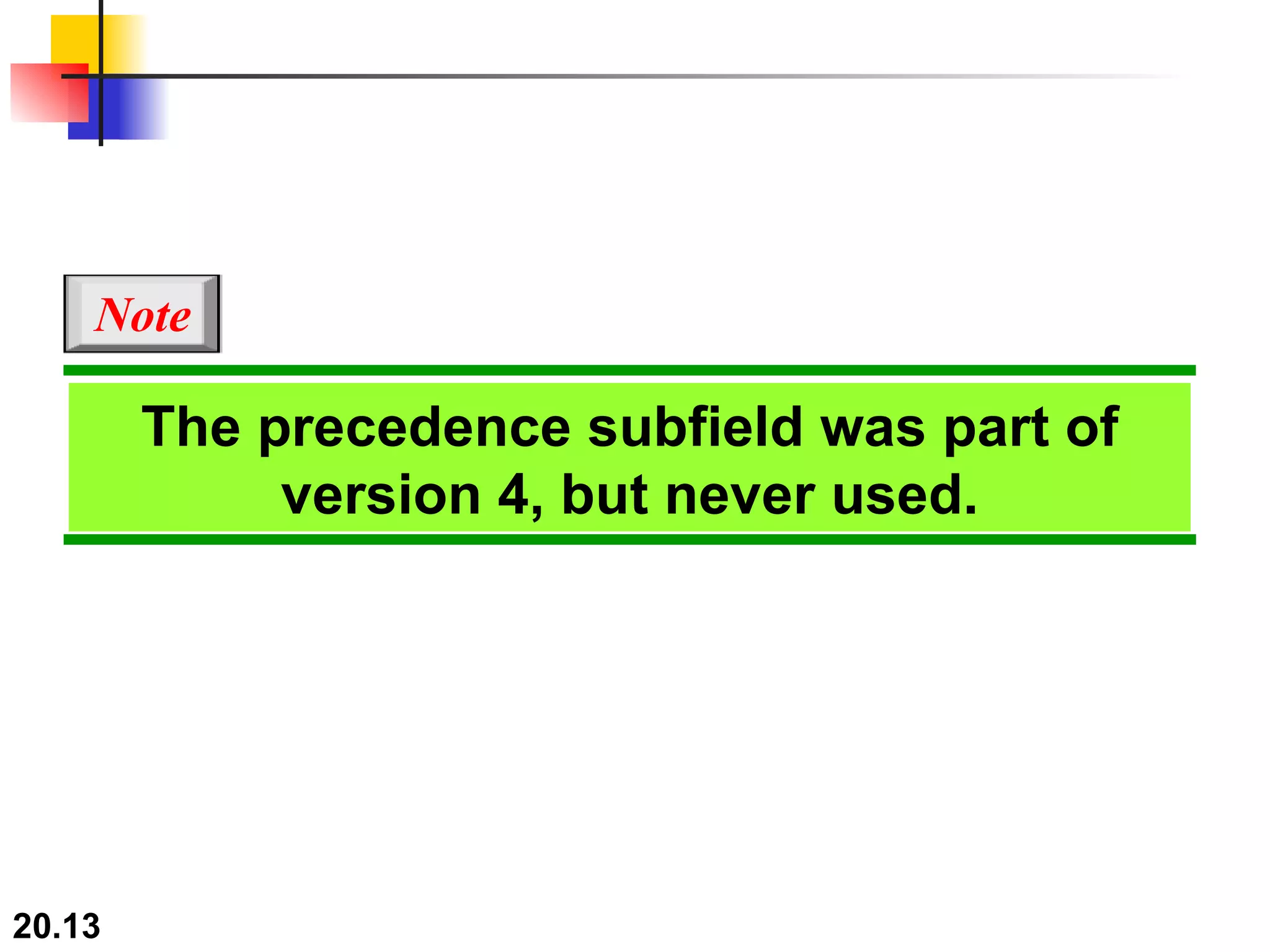 The precedence subfield was part of version 4, but never used. Note 