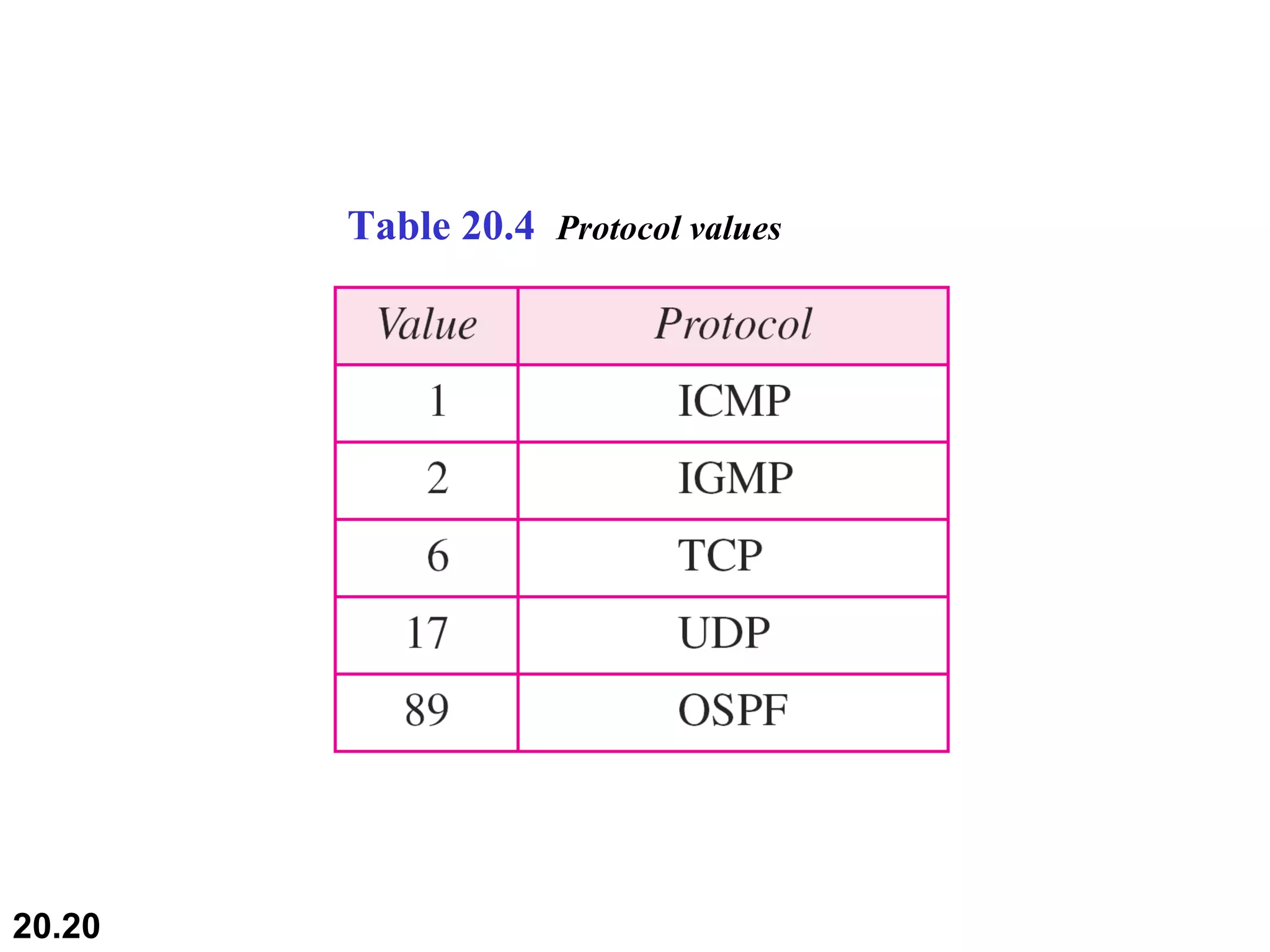 Table 20.4  Protocol values 