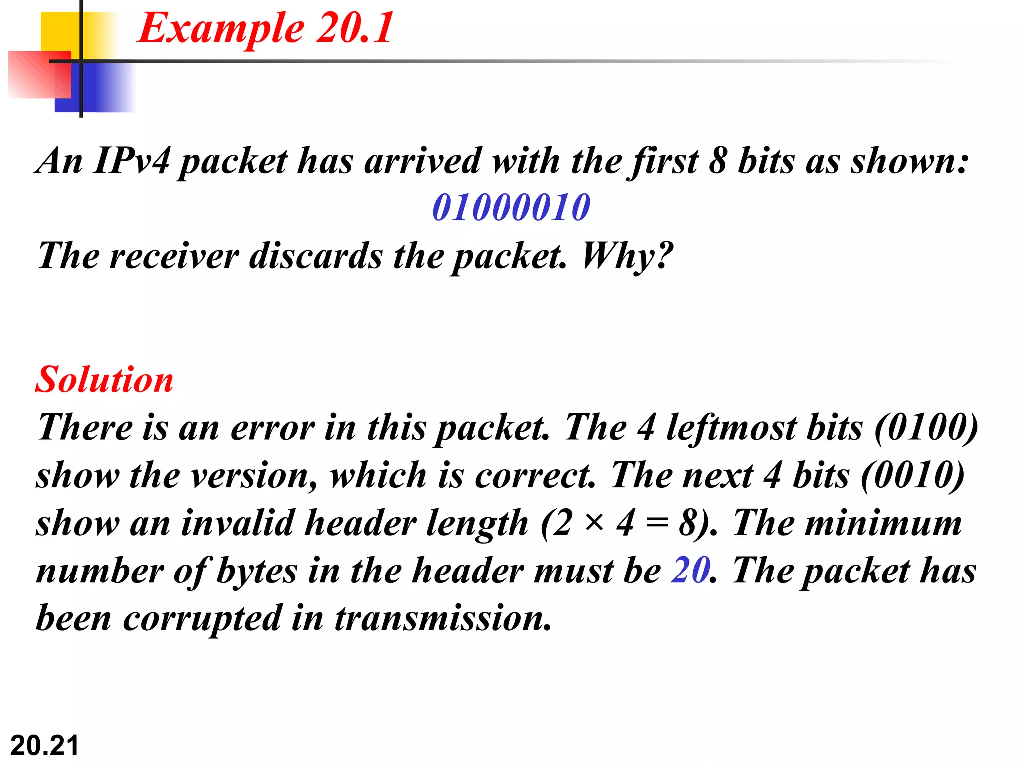 An IPv4 packet has arrived with the first 8 bits as shown: 01000010 The receiver discards the packet. Why? Solution There is an error in this packet. The 4 leftmost bits (0100) show the version, which is correct. The next 4 bits (0010) show an invalid header length (2 × 4 = 8). The minimum number of bytes in the header must be  20 . The packet has been corrupted in transmission. Example 20.1 