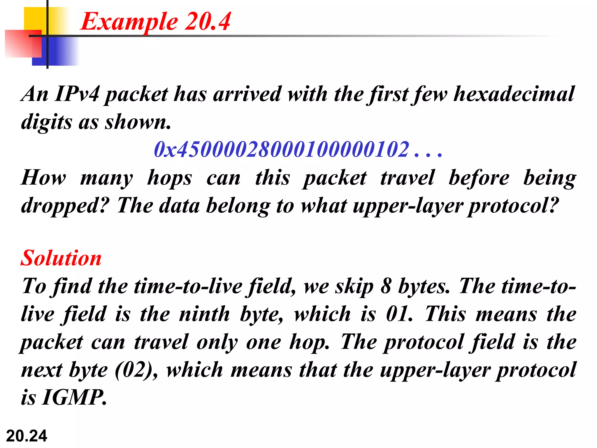 An IPv4 packet has arrived with the first few hexadecimal digits as shown. 0x45000028000100000102   . . . How many hops can this packet travel before being dropped? The data belong to what upper-layer protocol? Solution To find the time-to-live field, we skip 8 bytes. The time-to-live field is the ninth byte, which is 01. This means the packet can travel only one hop. The protocol field is the next byte (02), which means that the upper-layer protocol is IGMP. Example 20.4 