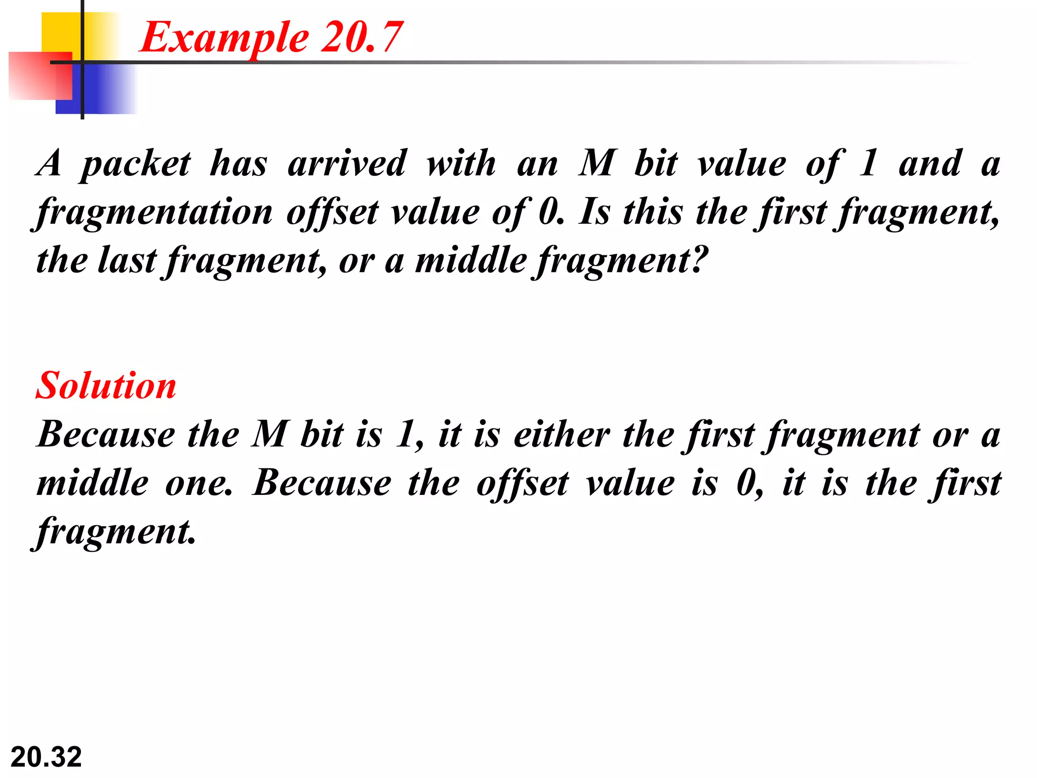 A packet has arrived with an M bit value of 1 and a fragmentation offset value of 0. Is this the first fragment, the last fragment, or a middle fragment? Solution Because the M bit is 1, it is either the first fragment or a middle one. Because the offset value is 0, it is the first fragment. Example 20.7 