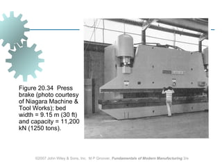 Figure 20.34 Press
brake (photo courtesy
of Niagara Machine &
Tool Works); bed
width = 9.15 m (30 ft)
and capacity = 11,200
kN (1250 tons).



     ©2007 John Wiley & Sons, Inc. M P Groover, Fundamentals of Modern Manufacturing 3/e
 