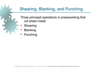 Shearing, Blanking, and Punching
       Three principal operations in pressworking that
         cut sheet metal:
        Shearing
        Blanking
        Punching




©2007 John Wiley & Sons, Inc. M P Groover, Fundamentals of Modern Manufacturing 3/e
 