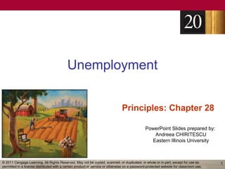 Unemployment


                                                                               Principles: Chapter 28

                                                                                              PowerPoint Slides prepared by:
                                                                                                 Andreea CHIRITESCU
                                                                                                Eastern Illinois University



© 2011 Cengage Learning. All Rights Reserved. May not be copied, scanned, or duplicated, in whole or in part, except for use as        1
permitted in a license distributed with a certain product or service or otherwise on a password-protected website for classroom use.
 
