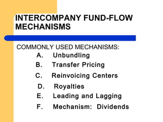 INTERCOMPANY FUND-FLOW
MECHANISMS
COMMONLY USED MECHANISMS:
A. Unbundling
B. Transfer Pricing
C. Reinvoicing Centers
D. Royalties
E. Leading and Lagging
F. Mechanism: Dividends
 