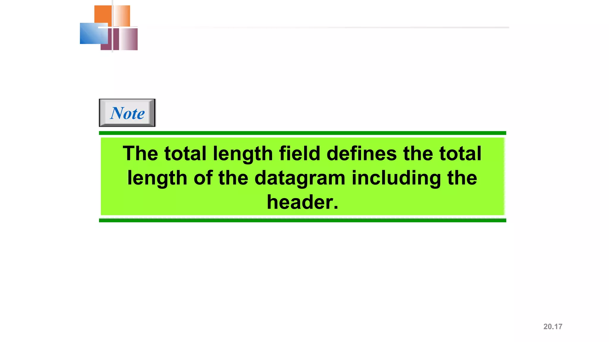 20.17
The total length field defines the total
length of the datagram including the
header.
Note
 