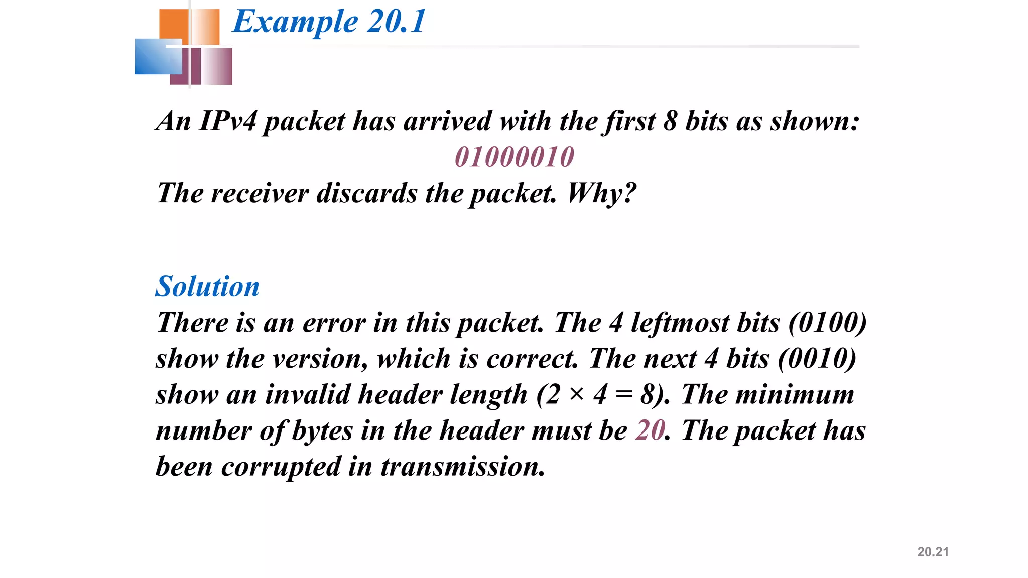 20.21
An IPv4 packet has arrived with the first 8 bits as shown:
01000010
The receiver discards the packet. Why?
Solution
There is an error in this packet. The 4 leftmost bits (0100)
show the version, which is correct. The next 4 bits (0010)
show an invalid header length (2 × 4 = 8). The minimum
number of bytes in the header must be 20. The packet has
been corrupted in transmission.
Example 20.1
 