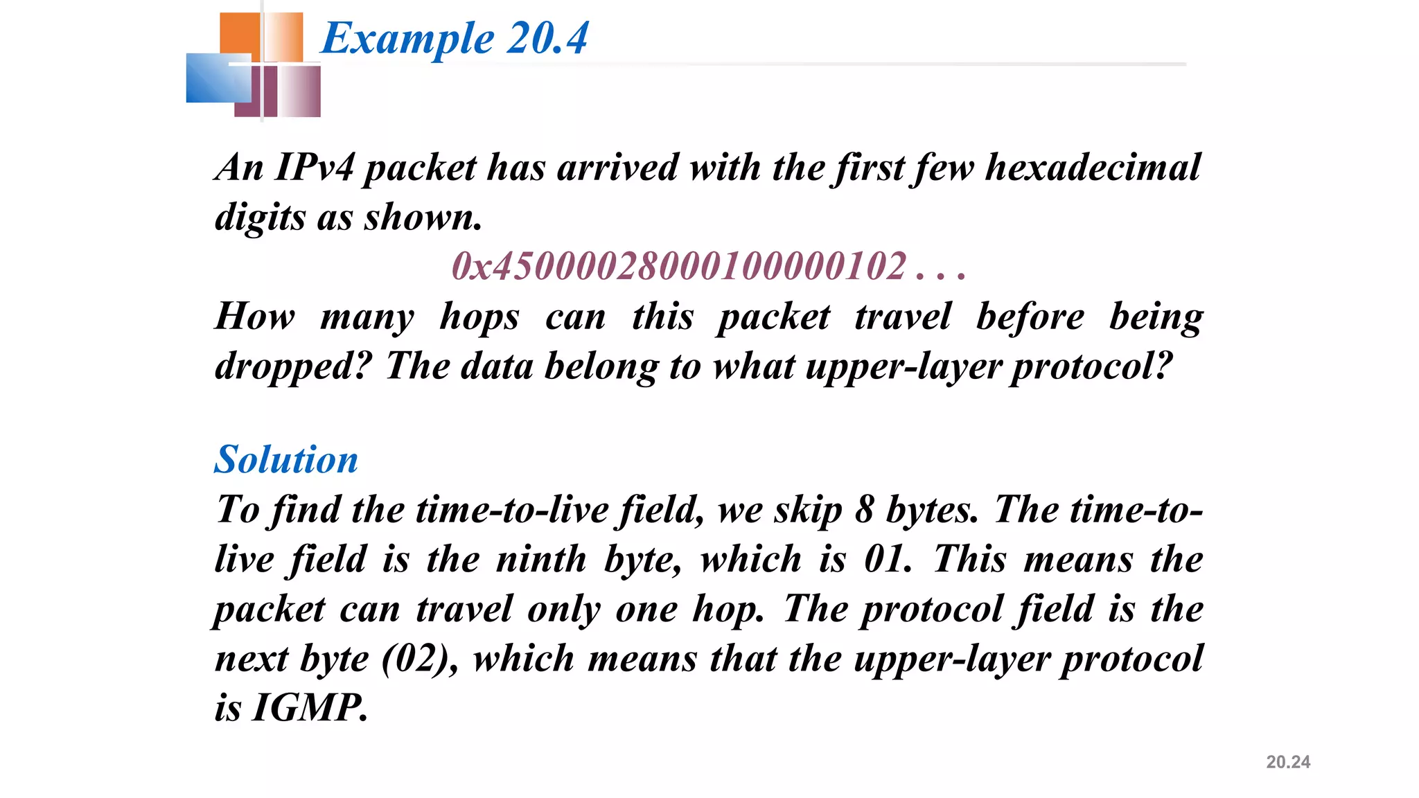 20.24
An IPv4 packet has arrived with the first few hexadecimal
digits as shown.
0x45000028000100000102 . . .
How many hops can this packet travel before being
dropped? The data belong to what upper-layer protocol?
Solution
To find the time-to-live field, we skip 8 bytes. The time-to-
live field is the ninth byte, which is 01. This means the
packet can travel only one hop. The protocol field is the
next byte (02), which means that the upper-layer protocol
is IGMP.
Example 20.4
 