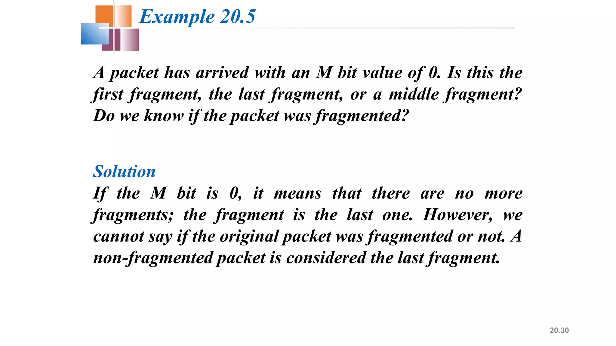 20.30
A packet has arrived with an M bit value of 0. Is this the
first fragment, the last fragment, or a middle fragment?
Do we know if the packet was fragmented?
Solution
If the M bit is 0, it means that there are no more
fragments; the fragment is the last one. However, we
cannot say if the original packet was fragmented or not. A
non-fragmented packet is considered the last fragment.
Example 20.5
 