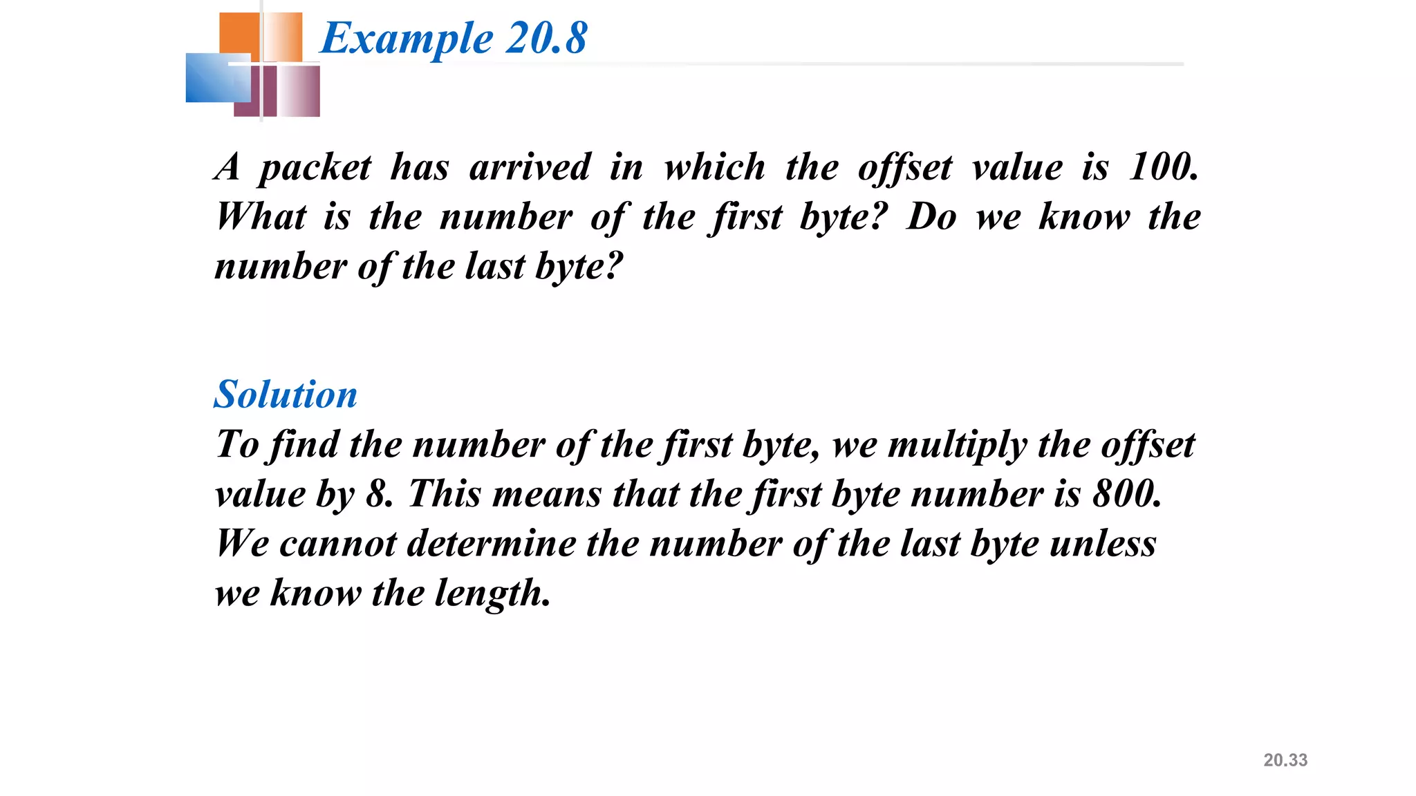 20.33
A packet has arrived in which the offset value is 100.
What is the number of the first byte? Do we know the
number of the last byte?
Solution
To find the number of the first byte, we multiply the offset
value by 8. This means that the first byte number is 800.
We cannot determine the number of the last byte unless
we know the length.
Example 20.8
 