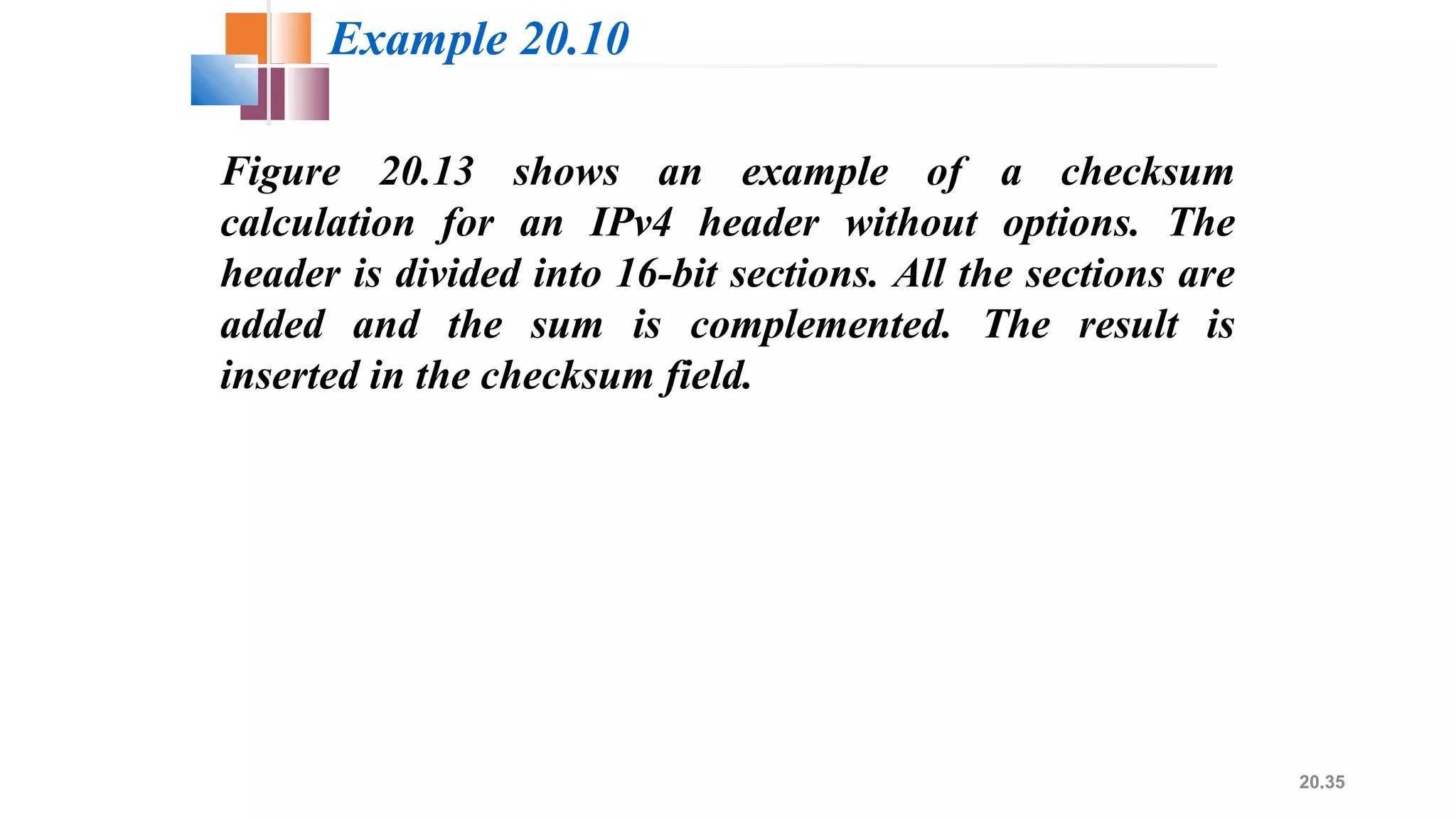 20.35
Figure 20.13 shows an example of a checksum
calculation for an IPv4 header without options. The
header is divided into 16-bit sections. All the sections are
added and the sum is complemented. The result is
inserted in the checksum field.
Example 20.10
 