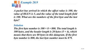 20.34
A packet has arrived in which the offset value is 100, the
value of HLEN is 5, and the value of the total length field
is 100. What are the numbers of the first byte and the last
byte?
Solution
The first byte number is 100 × 8 = 800. The total length is
100 bytes, and the header length is 20 bytes (5 × 4), which
means that there are 80 bytes in this datagram. If the first
byte number is 800, the last byte number must be 879.
Example 20.9
 