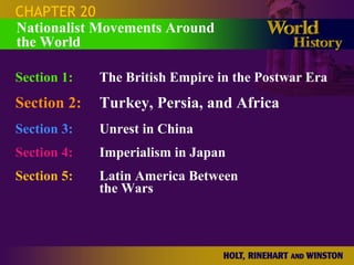 CHAPTER 20
Section 1: The British Empire in the Postwar Era
Section 2: Turkey, Persia, and Africa
Section 3: Unrest in China
Section 4: Imperialism in Japan
Section 5: Latin America Between
the Wars
Nationalist Movements Around
the World
 