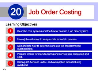 20-1
Learning Objectives
Describe cost systems and the flow of costs in a job order system.1
Use a job cost sheet to assign costs to work in process.2
Demonstrate how to determine and use the predetermined
overhead rate.
3
Prepare entries for manufacturing and service jobs completed and
sold.
4
Distinguish between under- and overapplied manufacturing
overhead.
5
Job Order Costing20
 