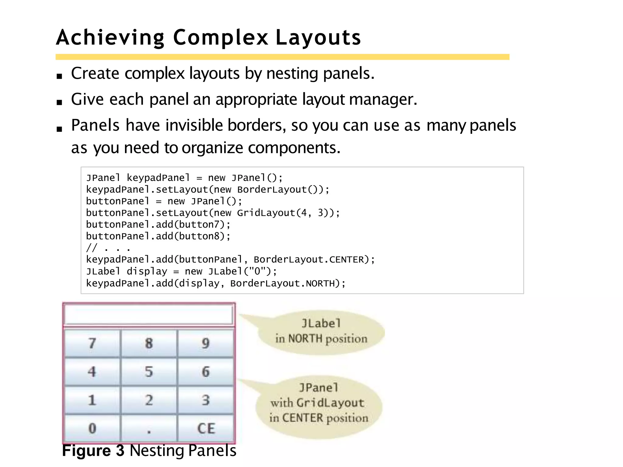 Achieving Complex Layouts
Create complex layouts by nesting panels.
Give each panel an appropriate layout manager.
Panels have invisible borders, so you can use as many panels
as you need to organize components.
JPanel keypadPanel = new JPanel();
keypadPanel.setLayout(new BorderLayout());
buttonPanel = new JPanel();
buttonPanel.setLayout(new GridLayout(4, 3));
buttonPanel.add(button7);
buttonPanel.add(button8);
// . . .
keypadPanel.add(buttonPanel, BorderLayout.CENTER);
JLabel display = new JLabel("0");
keypadPanel.add(display, BorderLayout.NORTH);
Figure 3 Nesting Panels
 