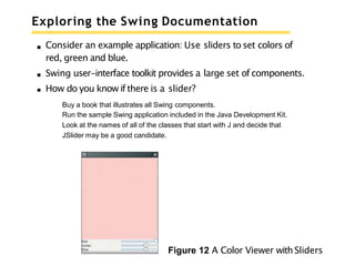 Exploring the Swing Documentation
Consider an example application: Use sliders to set colors of
red, green and blue.
Swing user-interface toolkit provides a large set of components.
How do you know if there is a slider?
Buy a book that illustrates all Swing components.
Run the sample Swing application included in the Java Development Kit.
Look at the names of all of the classes that start with J and decide that
JSlider may be a good candidate.
Figure 12 A Color Viewer withSliders
 