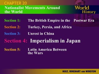 CHAPTER 20 Section 1: The British Empire in the  Postwar Era Section 2: Turkey, Persia, and Africa Section 3: Unrest in China Section 4:   Imperialism in Japan Section 5:   Latin America Between  the Wars Nationalist Movements Around  the World 