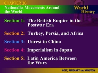 CHAPTER 20 Section 1: The British Empire in the  Postwar Era Section 2: Turkey, Persia, and Africa Section 3: Unrest in China Section 4:   Imperialism in Japan Section 5:   Latin America Between  the Wars Nationalist Movements Around  the World 