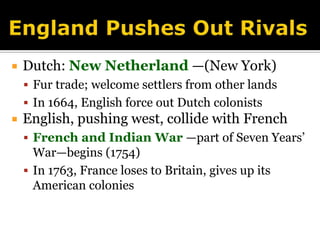 England Pushes Out RivalsDutch: New Netherland —(New York)Fur trade; welcome settlers from other landsIn 1664, English force out Dutch colonistsEnglish, pushing west, collide with FrenchFrench and Indian War —part of Seven Years’ War—begins (1754)In 1763, France loses to Britain, gives up its American colonies 