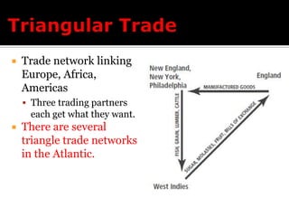 Triangular TradeTrade network linking Europe, Africa, AmericasThree trading partners each get what they want.There are several triangle trade networks in the Atlantic.