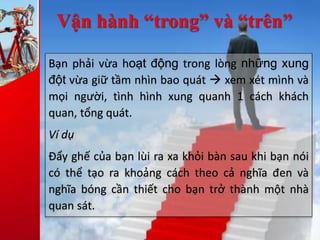 Vận hành “trong” và “trên”
Bạn phải vừa hoạt động trong lòng những xung
đột vừa giữ tầm nhìn bao quát  xem xét mình và
mọi người, tình hình xung quanh 1 cách khách
quan, tổng quát.
Ví dụ
Đẩy ghế của bạn lùi ra xa khỏi bàn sau khi bạn nói
có thể tạo ra khoảng cách theo cả nghĩa đen và
nghĩa bóng cần thiết cho bạn trở thành một nhà
quan sát.
 