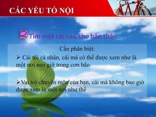 Cần phân biệt:
 Cái tôi cá nhân, cái mà có thể được xem như là
một nơi neo giữ trong cơn bão
Vai trò chuyên môn của bạn, cái mà không bao giờ
được xem là một nơi như thế
Tìm một cái neo cho bản thân
CÁC YẾU TỐ NỘI
 