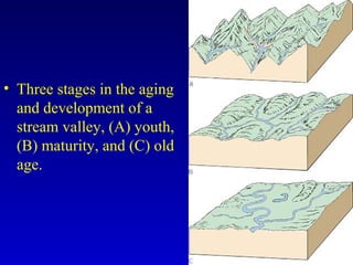 • Three stages in the aging
and development of a
stream valley, (A) youth,
(B) maturity, and (C) old
age.
 