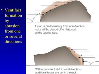 • Ventifact
formation
by
abrasion
from one
or several
directions
.
 