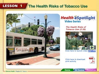 The Health Risks of
Tobacco Use (2:39)
Click here to launch video
Click here to download
print activity
 