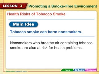 Health Risks of Tobacco Smoke
Tobacco smoke can harm nonsmokers.
Nonsmokers who breathe air containing tobacco
smoke are also at risk for health problems.
 