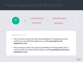 • If N is at least a certain size, then the probability of T exceeding a certain
cutoff is less than 0.05 (the significance cutoff) assuming the null
hypothesis is true
• If N is at least a certain size, then the probability of T being smaller than a
certain cutoff is less than 0.20 (the power cutoff) assuming the alternative
hypothesis is true
TWO PIECES OF MATH
T =
CONVERSIONS A
VISITORS A
CONVERSIONS B
VISITORS B
-
How Frequentist A/B Tests Work
 