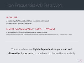P -VALUE
A probability of a false positive “at least as extreme” as the result
you just saw in a hypothetical A/A test.
SIGNIFICANCE LEVEL (= 100% - P-VALUE)
A probability of NOT seeing a false positive at least as extreme.
These numbers are highly  dependent  on  your  null  and  
alternative  hypothesis, so you have to choose them carefully.
How Frequentist A/B Tests Work
(Many vendors, including VWO until recently, incorrectly referred to the significance level as “Chance to Beat Control”.)
 